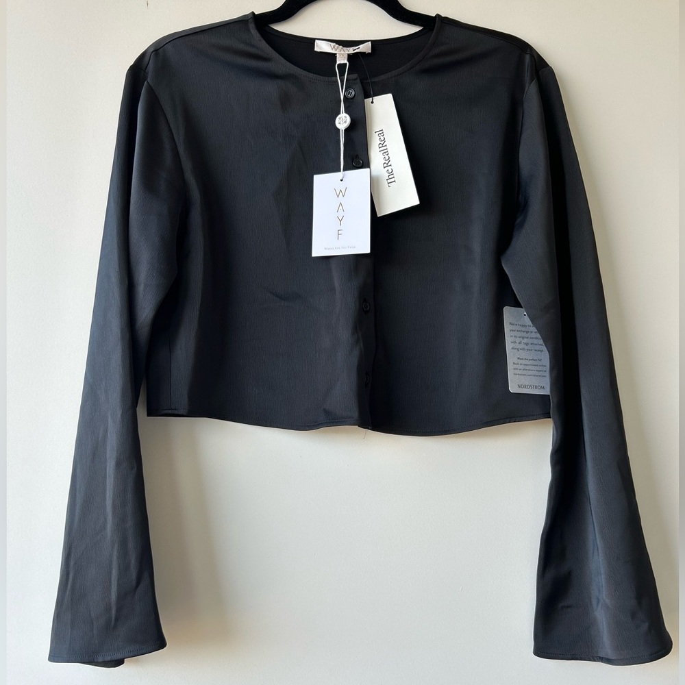 WAYF Black Long Sleeve Button Up Crop Top Blouse Flared Bell Sleeve XS NWTS